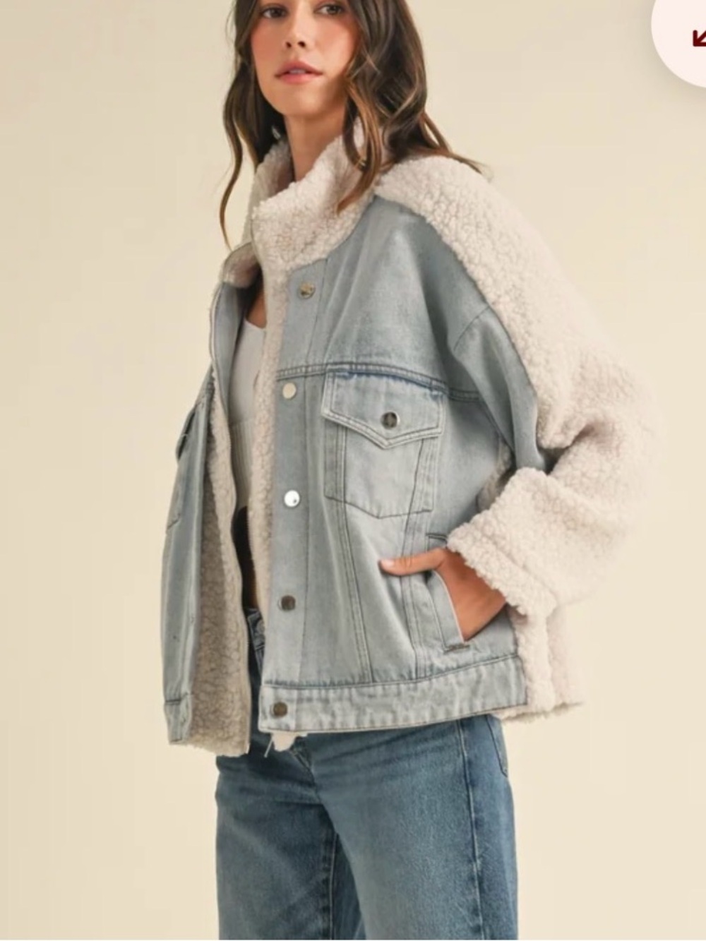 NWOT Mable Women’s Sherpa-Lined Light Blue Denim Teddy Jacket with Cream Trim - Picture 3 of 14